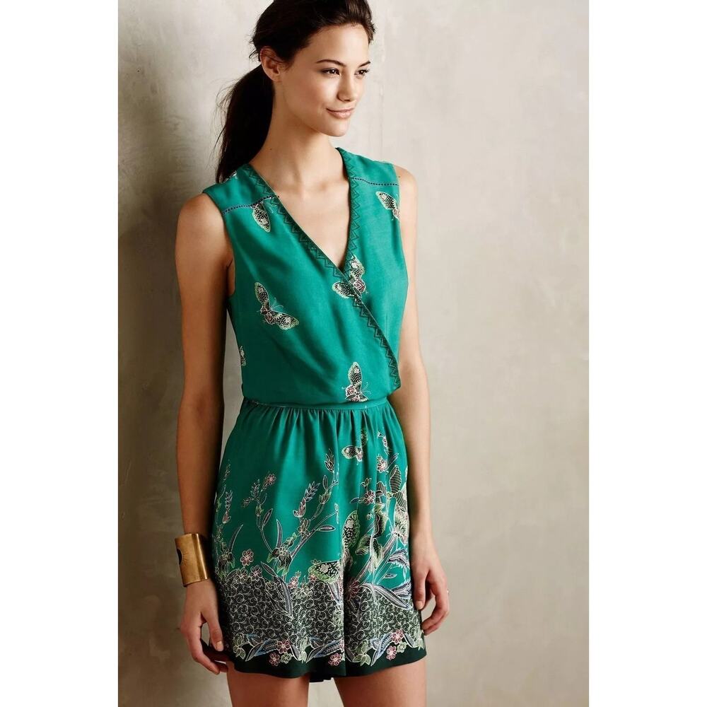 Anthropologie Elevenses Papillion Green Butterfly Print Open Back Romper S